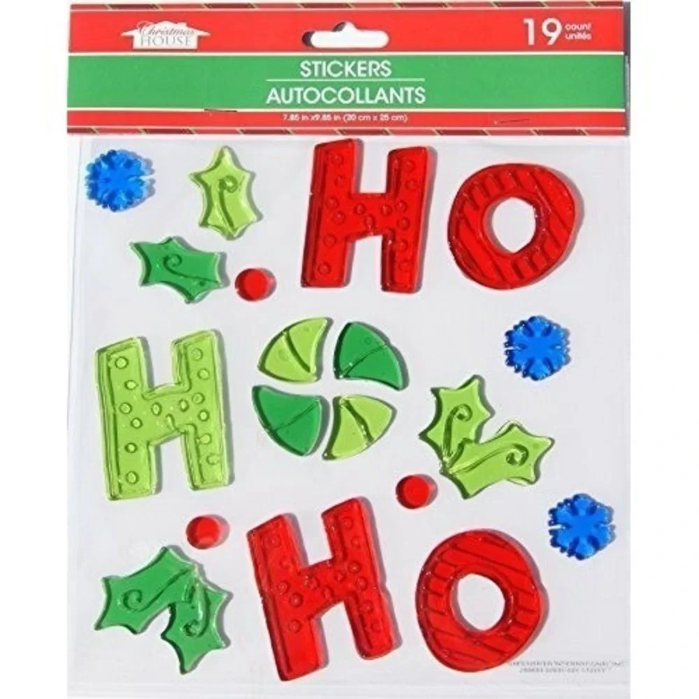 NEW Christmas HO HO HO window‎ Gel Clings 19 pcs Holly Snowflakes Decorations